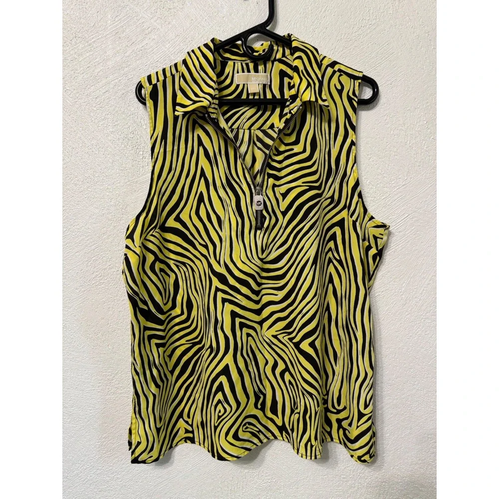 Michael Kors Zebra Print Quarter Zip Sleeveless Blouse Yellow Black XXL Colors